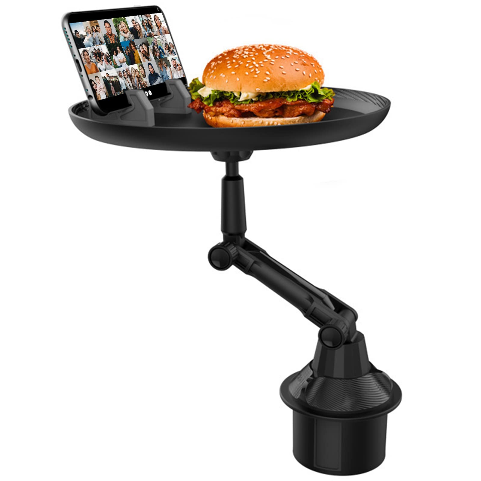 Car Tray Table with Surface, Phone Slot, and 360° Swivel Arm for Cup Holders, Fits Vehicle, Golf Cart, SUV and All Cars, Black