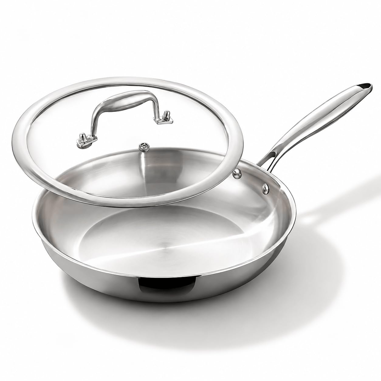 Edelstahlpfanne 28 cm mit Deckel, 5-Schicht Bratpfanne | Unbeschichtet, Gleichmäßige Wärmeverteilung, für Alle Herdarten, Ofenfest bis 400 °C, für Steak, Gemüse und Eier