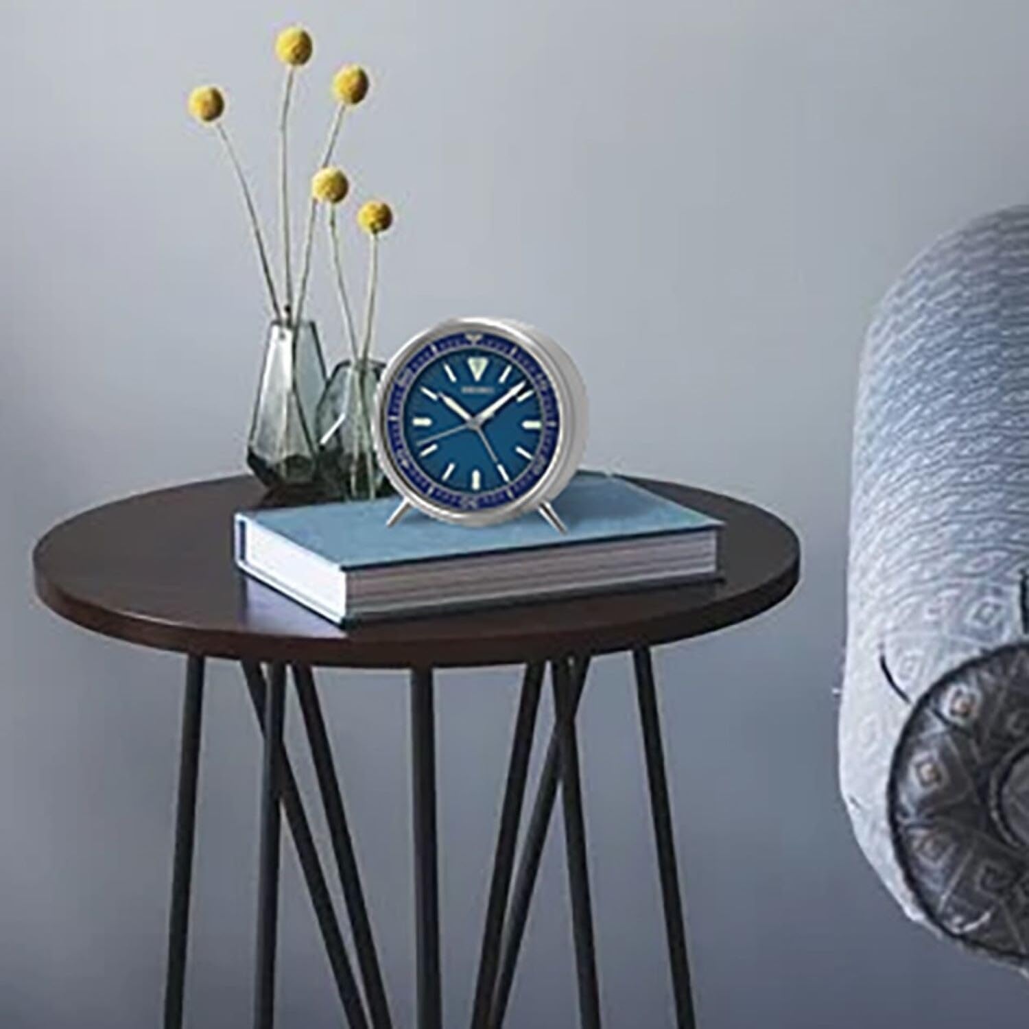 SEIKO QXE065LLH Heritage Design Watch Face Aluminum Bedroom Alarm Clock, Blue, 4 Inch