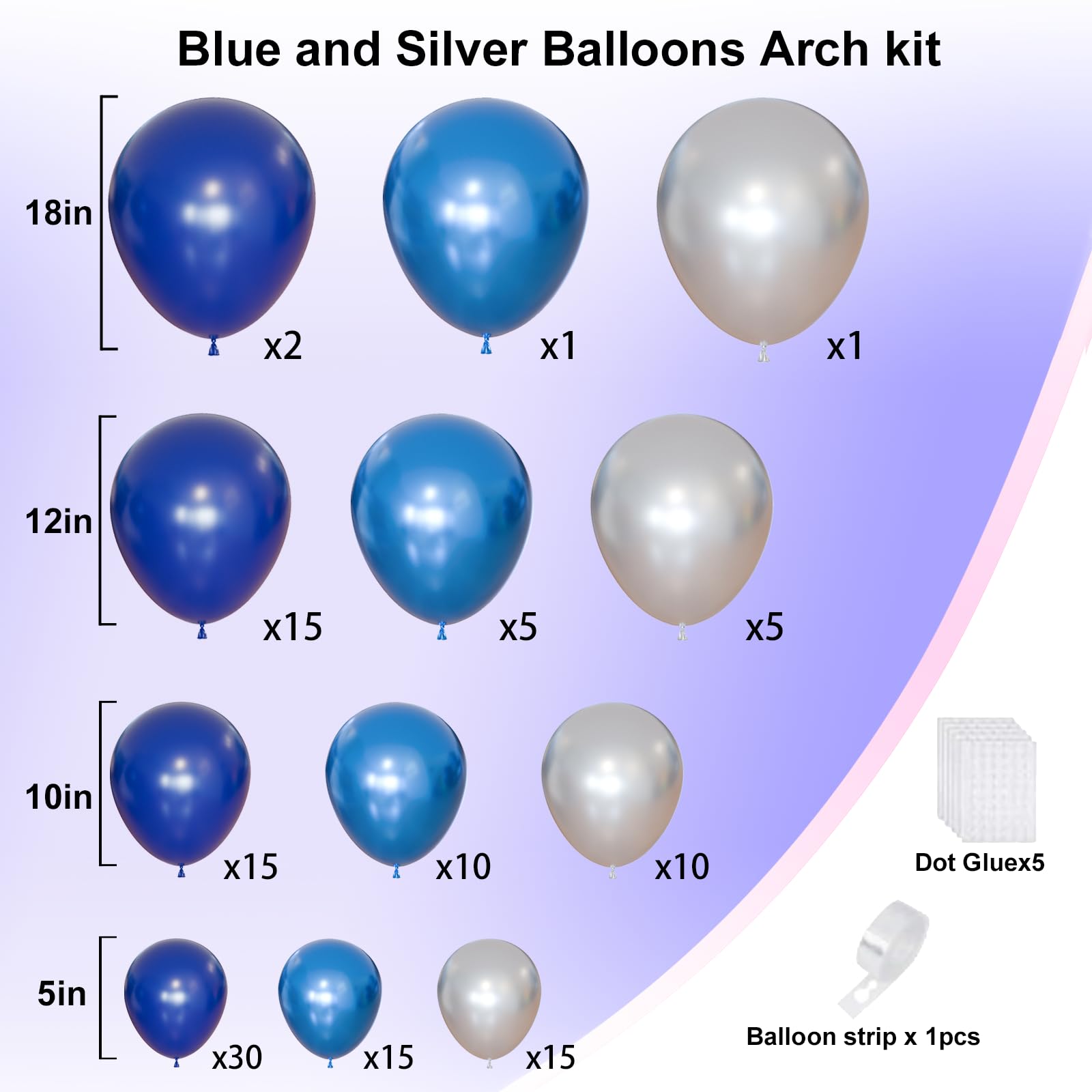 Blue Balloon Arch Kit, Navy Blue and Silver Balloons Garland Arch Kit with Different Size, Metallic Blue Silver Balloons for Birthday Baby Shower Graduations Class of 2025 Prom Decorations