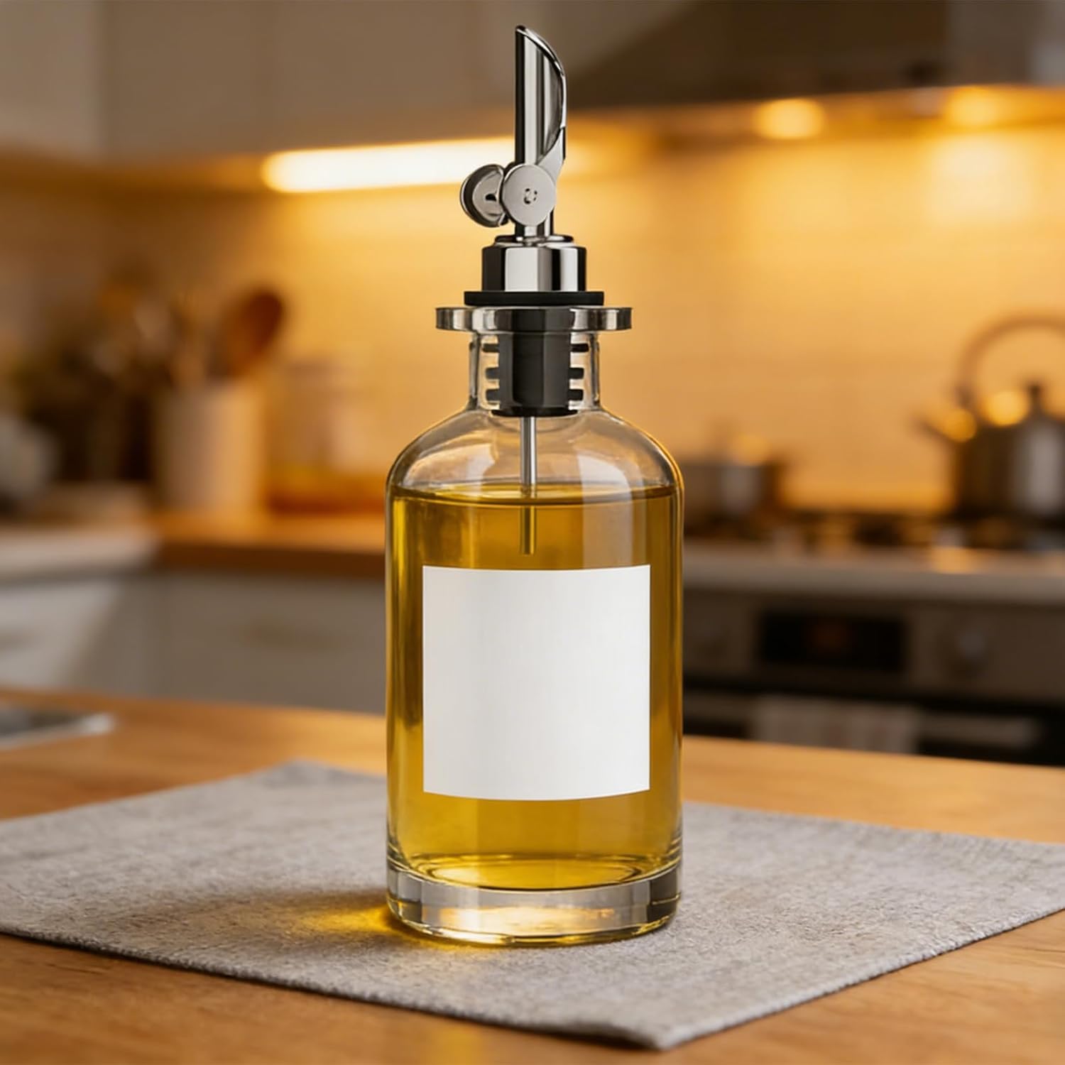 2 Pcs Kitchen Oil and Vinegar Bottle Set, 11.8 Oz Olive Oil Dispenser Bottle, Glass Cruet with Auto Flip Lid, Weighted Pourer Spout, Includes Funnel and Stickers