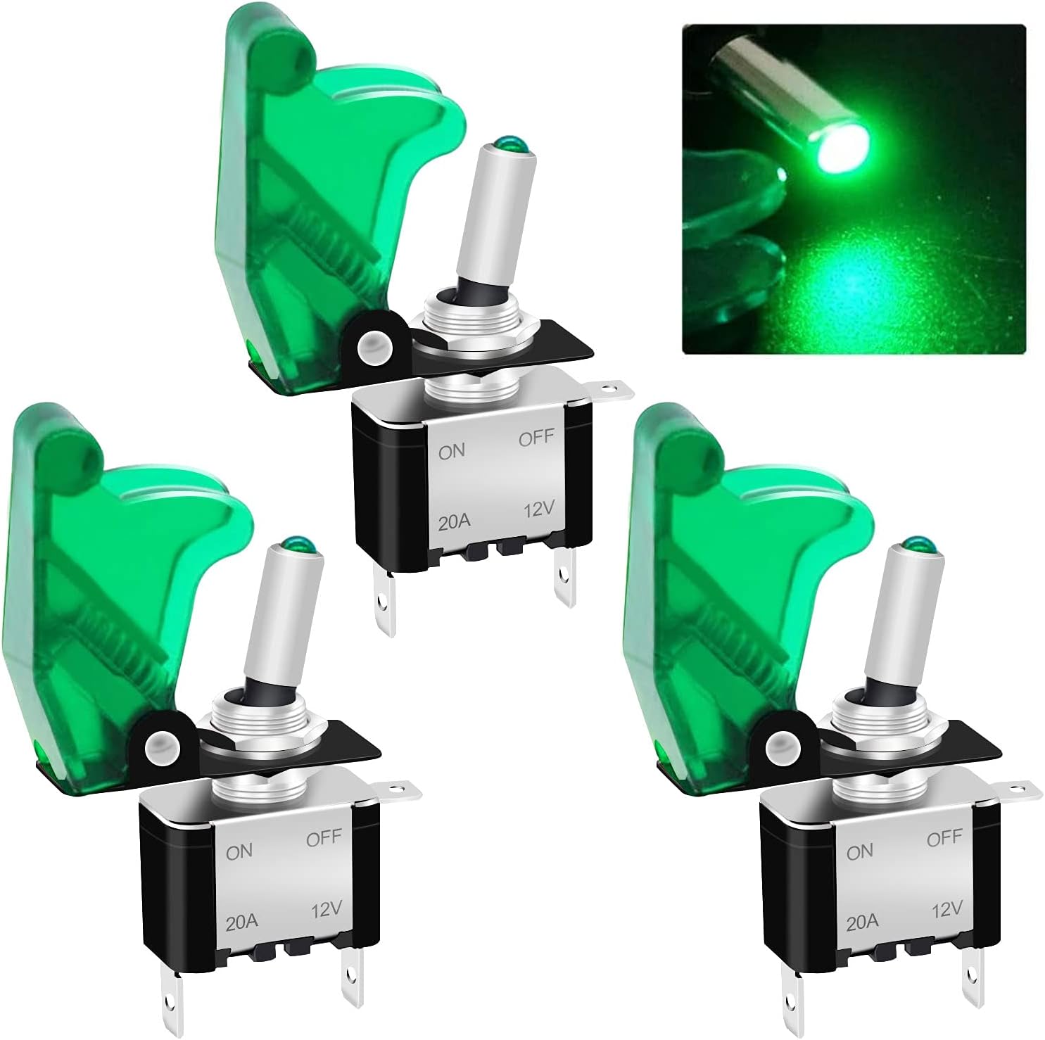 Twidec/3Pcs Rocker Toggle Switch 12V 20A Heavy Duty Racing Car Automative Auto SPST ON/Off Toggle Switch Green LED Light Illuminated 3Pin with Green Waterproof Safety Cover ASW-07DGGMZ