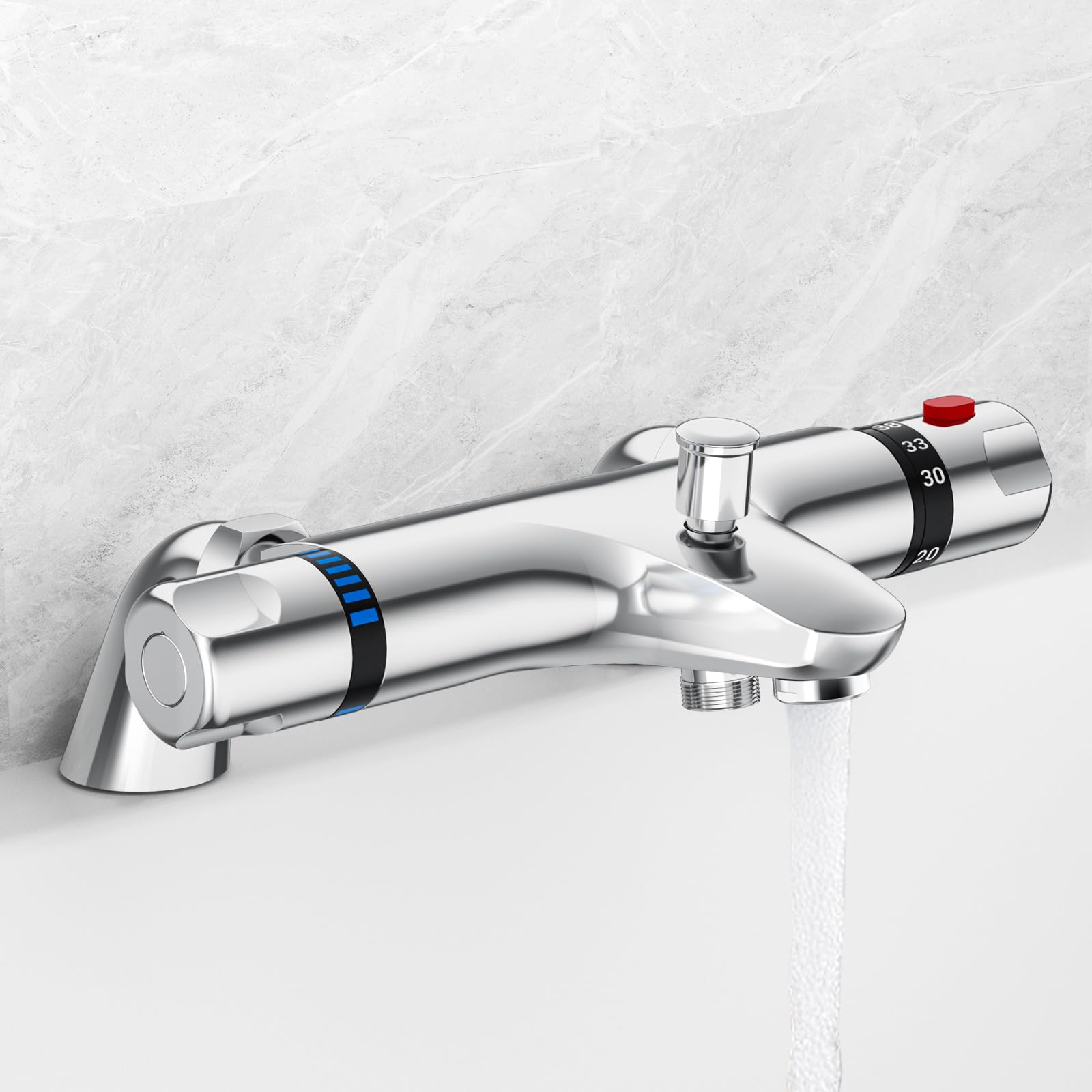 CURUK Thermostatic Bath Shower Mixer Tap - Anti-Scalding Valve, Safe 38°C Limit, Solid Brass Deck Mounted Shower Mixer Bar G 3/4" Inlets & G 1/2" Outlet - Chrome