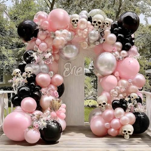 Pink Black Halloween Balloon Arch, Double Stuffed Pastel Baby Pink Pearl Blush Silver Balloon Garland Kit for Boo Birthday Spooky Baby Shower Summerween Wedding Party Decoration