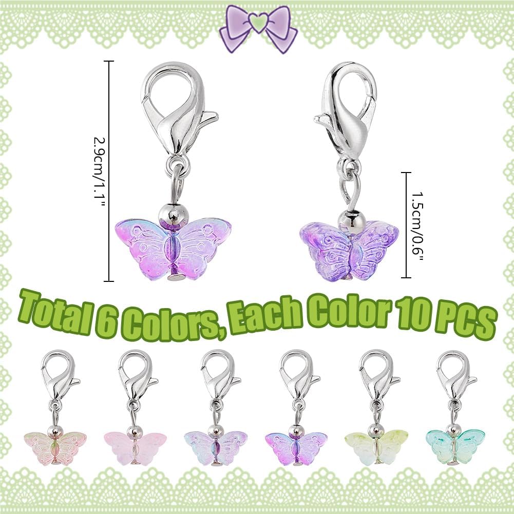 PH PandaHall 60pcs Glass Butterfly Dangle Charms, 6 Colors Clip-on Stitch Marker Charms with Lobster Clasps Transparent Butterfly Pendants for Knitting DIY Earrings Necklace Jewelry Crafts - Image 2