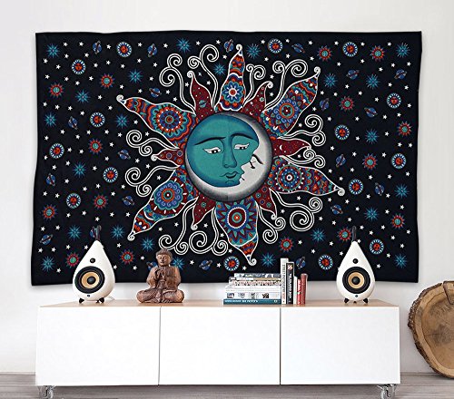 Popular Handicrafts Sun Moon Bohemian Psychedelic Intricate Floral Design Indian Bedspread Magical Thinking Tapestry 54x82 Inches,(140x210cms) Black Turquish