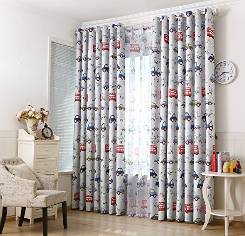 GYROHOME Cartoon Car and Bus Print Blackout Curtain Thermal Insulated Washable Drape Noise Reducing No Formaldehyde 52" W x 84" L, 2 Panel