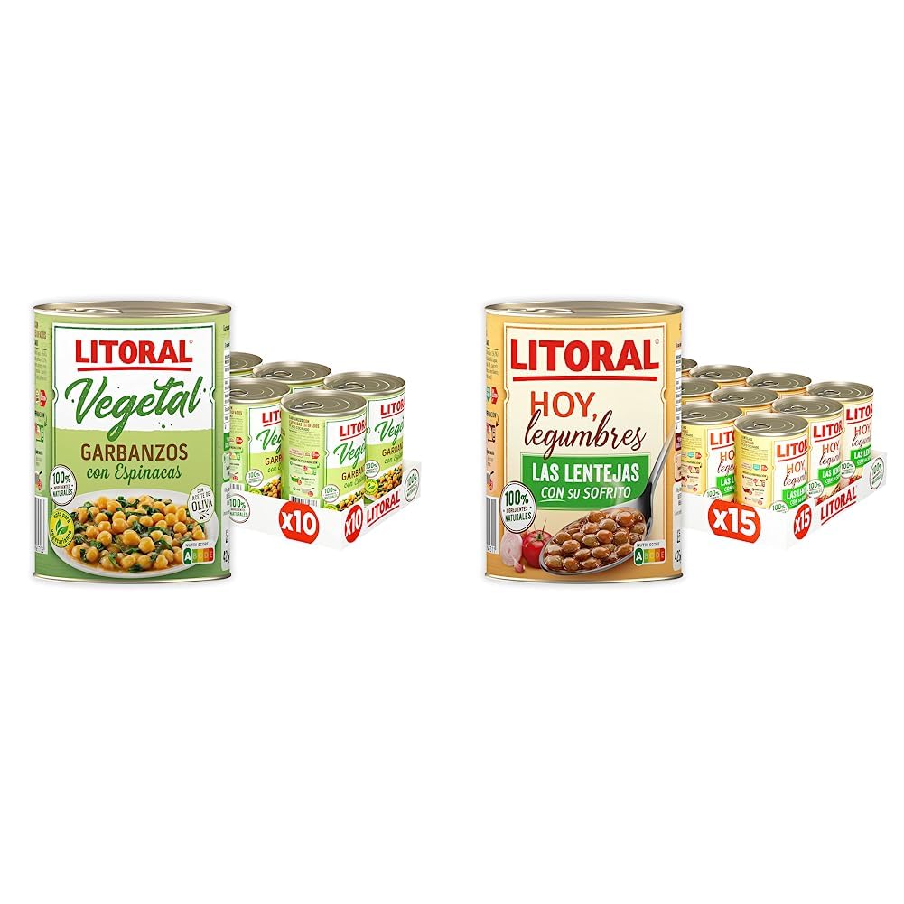 LITORAL Vegetal Garbanzos con Espinacas - Plato Preparado Sin Gluten - Pack de 10x425g - Total: 4.25kg & Hoy Legumbres Lentejas con su sofrito - Paquete de 15 x 425g (Total: 6.375 kg)