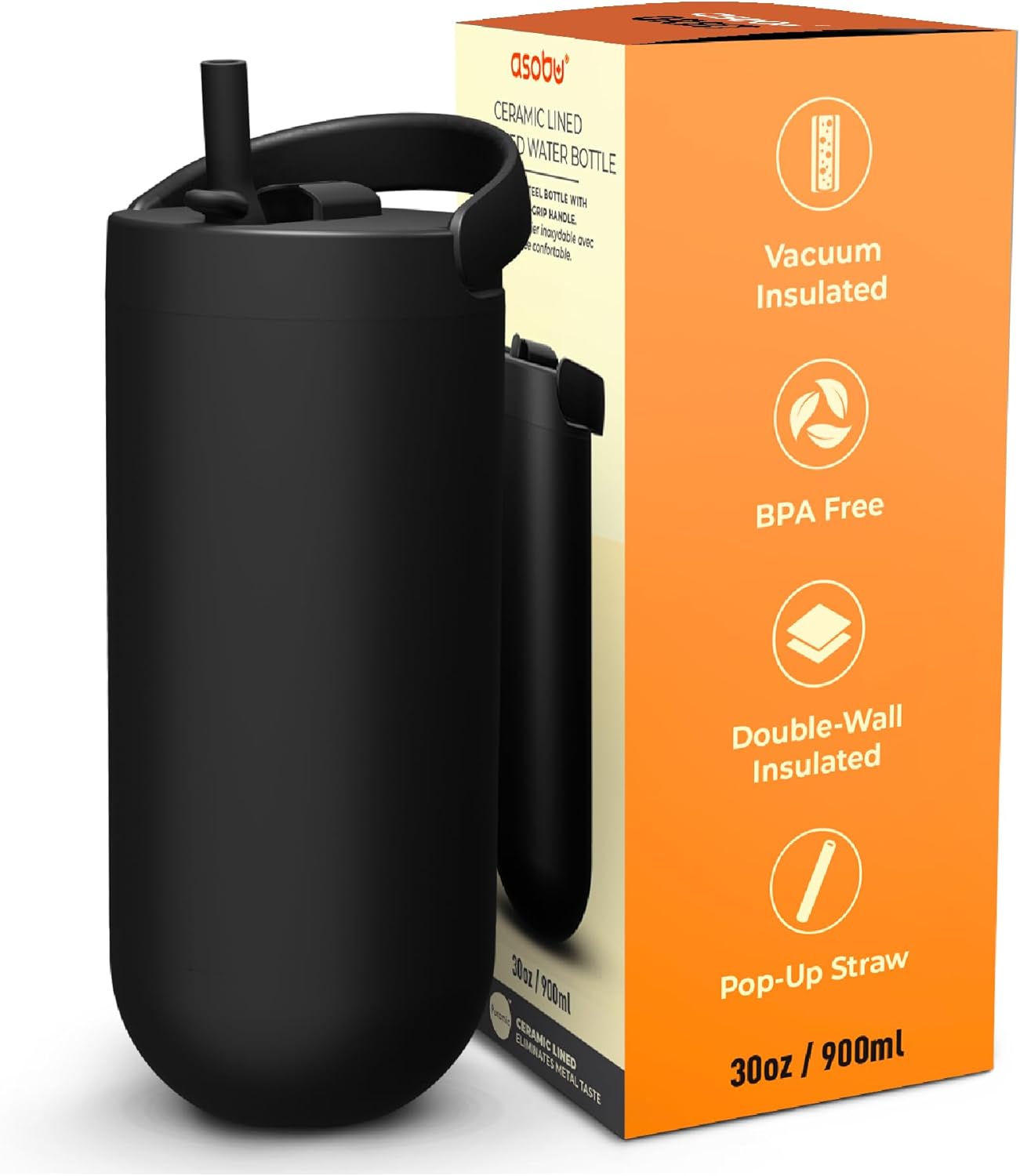 asobu Orbit 30oz/900ml Water Bottle, Sleek Insulated Bottle with Pop-Up Lid and Carry Handle, Perfect for Iced Coffee, Travel, and Stylish Hydration