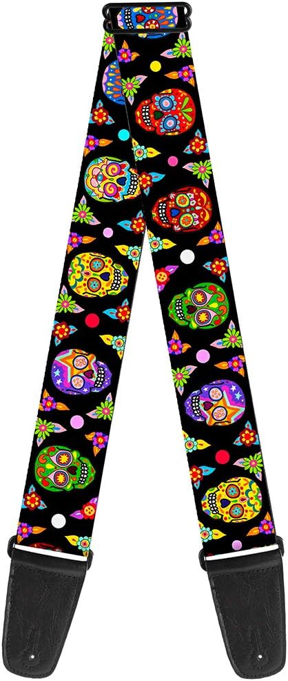 Buckle-Down Guitar Strap - Colorful Calaveras Black/Multi Color - 2" Wide - 29-54" Length