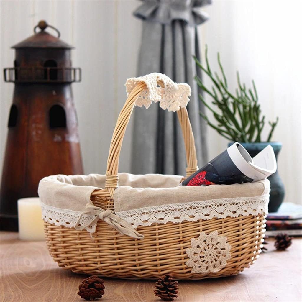 Picnic Wicker Basket Fruit Rattan Storage Box Snacks Tea Basket Willow and Cloth Storage Basket with Lid (Color : Brown, Size : ONE Size) (Brown One Size)