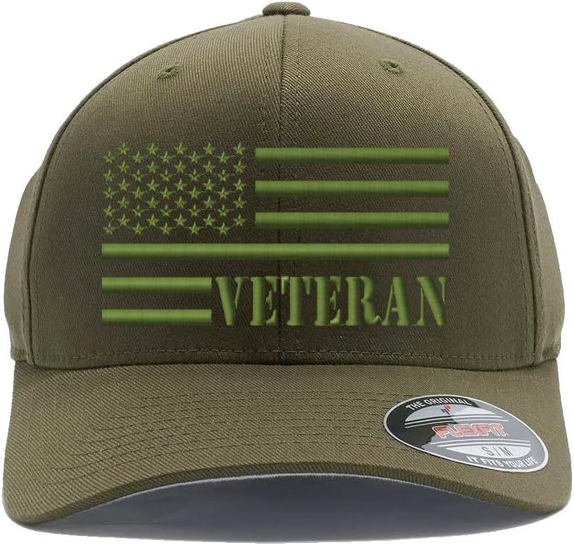Veteran American Flag Embroidered Flex Fitted Baseball Hat. Custom Embroidered Baseball Cap