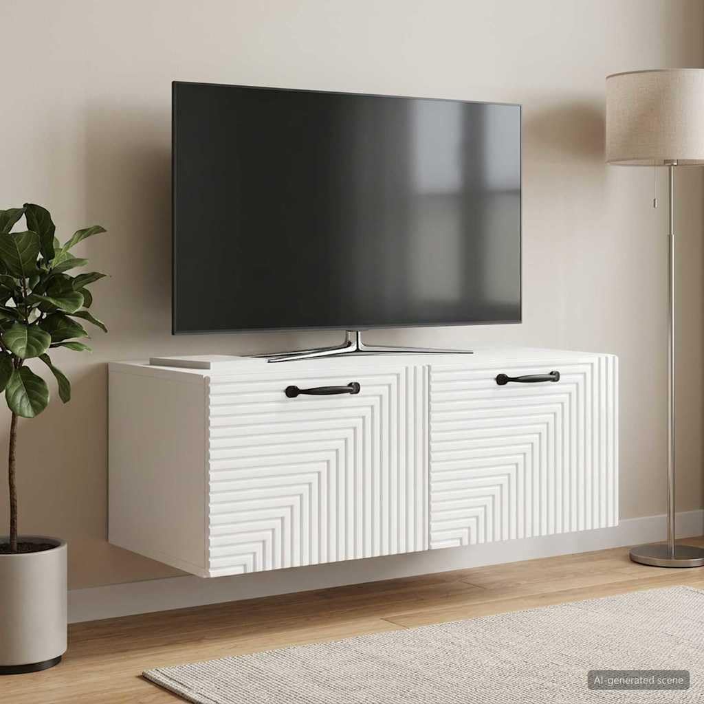 Mobile TV da parete, bianco lucido, 78,5 x 41 x 30 cm, con vano portaoggetti, ante girevoli, in legno, salvaspazio, sospeso, per soggiorno, angolo gaming, moderna credenza