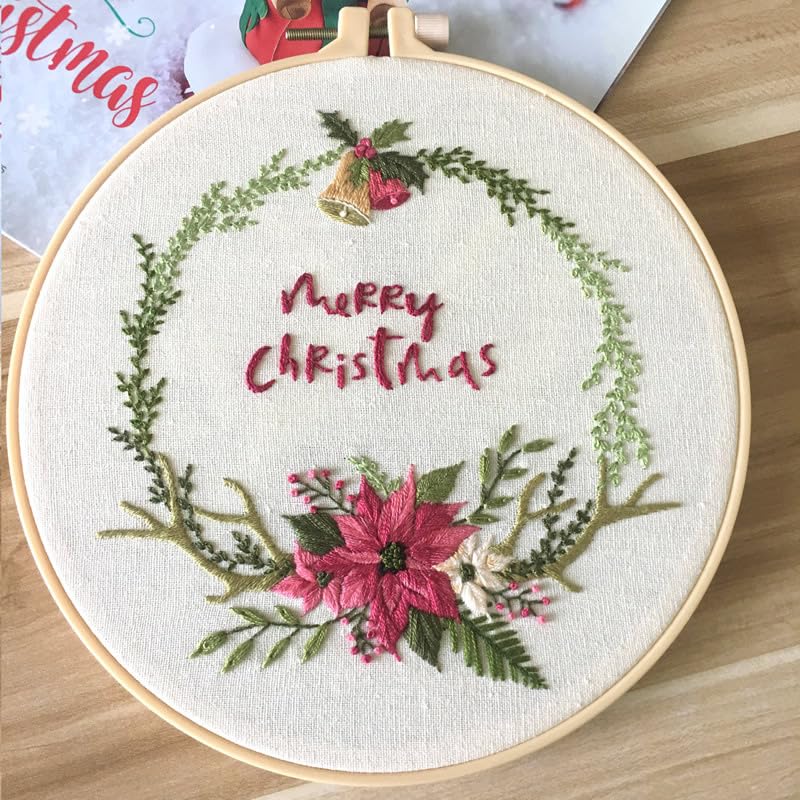 Image of UQRUI Christmas Embroidery Kits for Adults BeginnersEmbroidery Patterns, Ornament Embroidery Kit,Cross Stitch Kits (Merry Christmas C)