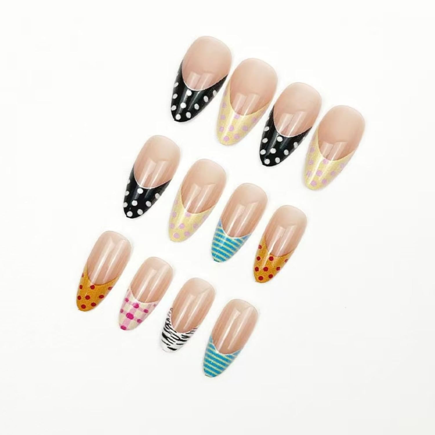 French Tip Press on Nails Colorful Nail Press ons Medium Almond Fake Nails with Polka Dot Design Glossy Full Cover Stick on Nail for Women Manicure 24Pcs