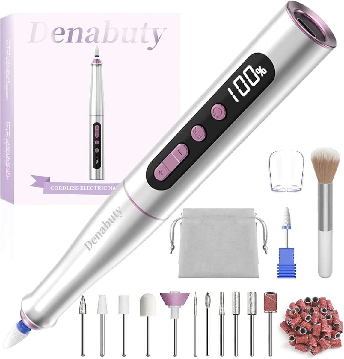 Cordless Electric Nail Drill Machine, 13 in 1 Nail File Kit 35000RPM Professional Portable Rechargeable E File for Acrylic Polish Gel Removal Manicure Pedicure Set with 5 Speeds DN-2402