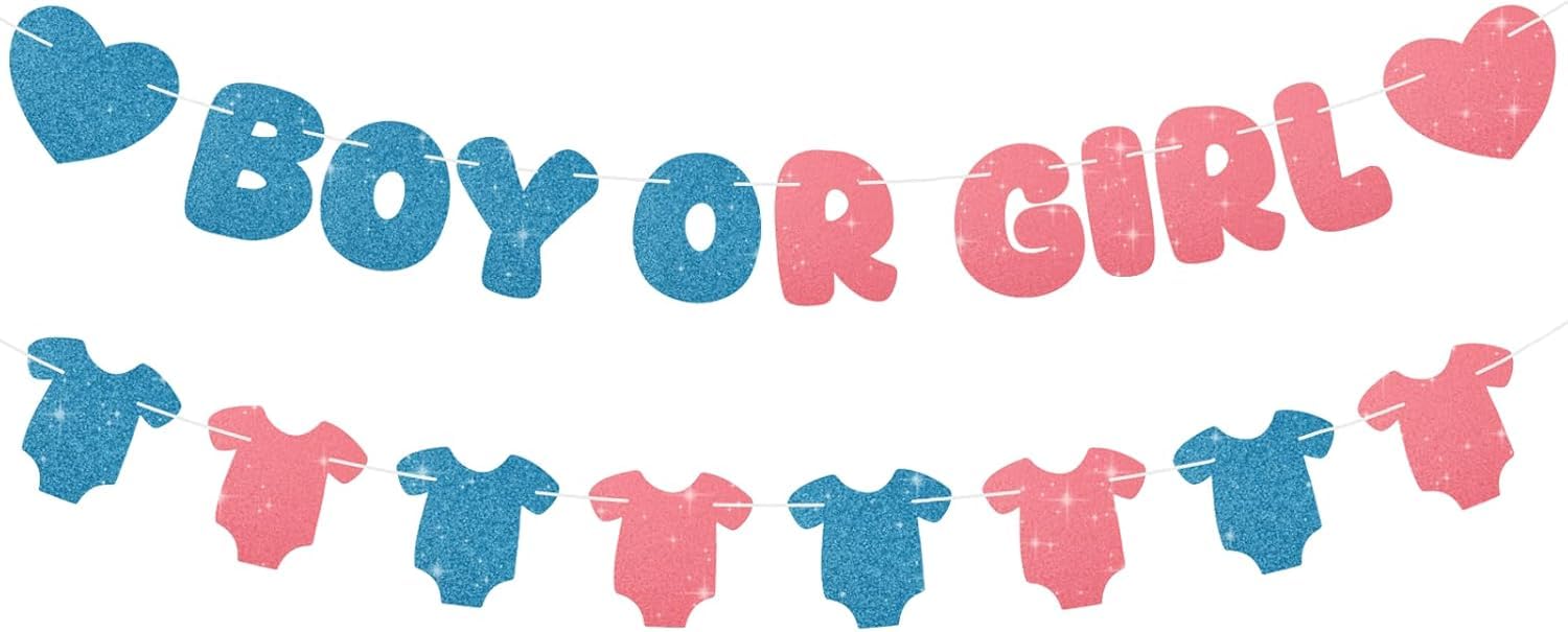 Glitter Pink and Blue Gender Reveal Decorations, Pre-Strung Boy or Girl Banner with Clothes Heart, Gender Reveal Party Supplies Backdrop Sign for Baby Shower Photo Booth (Style-4)