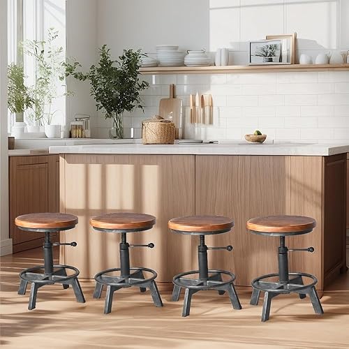 Miniatura 6 de Juego de 2 taburetes de bar industriales, sillas de altura de mostrador, asiento giratorio de madera, ajustable de 15.2-21 pulgadas