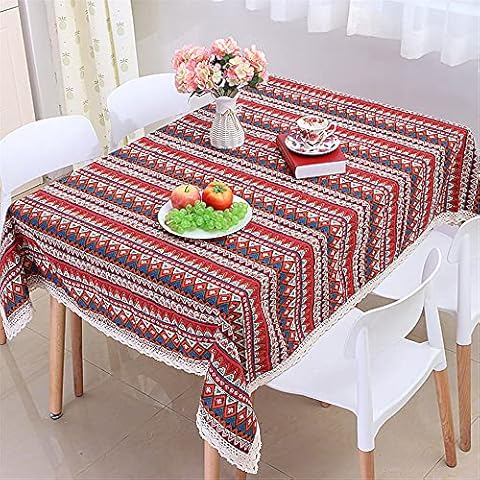 AUTUCAU Washable Cotton Linen Tablecloth, Bohemia Vintage Rectangular Oblong Table Cloth with Lace Edge for Kitchen,Tabletop Decoration Cover