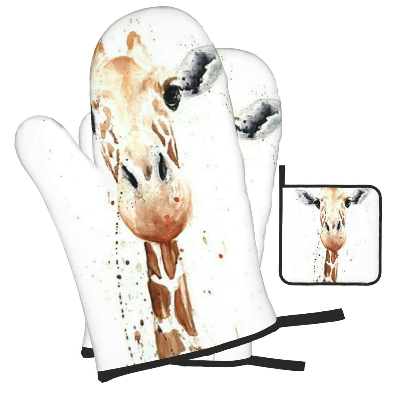 giraffe Printed Oven Mitts and Pot Holders Heat Resistant Set of 3 Pcs, Modern Kitchen Gloves & Potholders for Cooking Baking Grilling