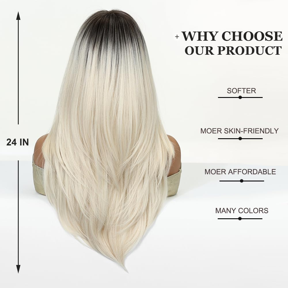 Esmee Long Straight Platino Blonde Wigs for Women with Fringe Natural Synthetic Hair Ombre Wig for Daily & Party Use - Image 4