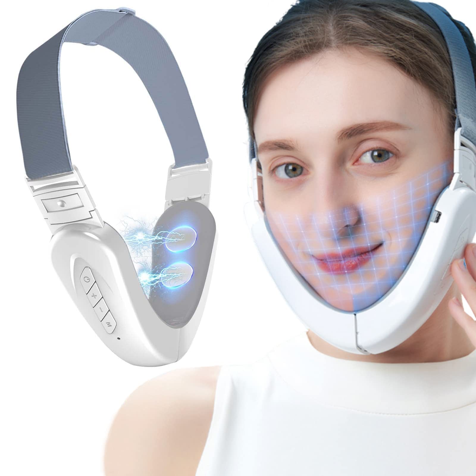 Double Chin Reducer Machine, Electric V-Face Lift Device Beauty Belt, Portable Intelligent Face Shaping Massager with Blue Light (White)