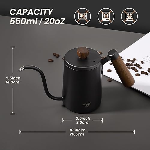 Miniatura 2 de VEVOK CHEF Mini hervidor de cuello de cisne con mango de madera, 20 onzas, 18.6 fl oz para 2 tazas, boquilla larga estrecha de acero inoxidable,