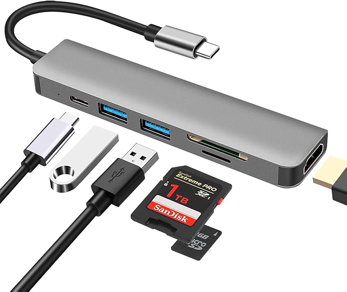 Hub USB tipo C, 6 in 1 Adattatore Multiporta con HDMI 4K, lettore di schede SD/TF, porta USB 3.0 e 2.0, PD 100W, compatibile con MacBook Pro/MacBook Air/Dell XPS e altro ancora