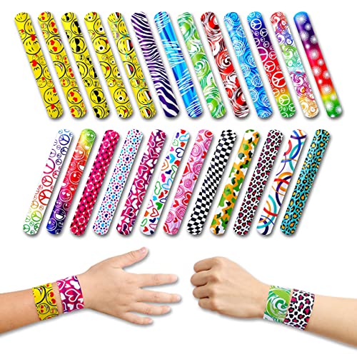 Easter Basket Stuffers-50 Pcs Slap Bracelets For Kids Party Favors | Snap Bracelets Pack Bulk Toys For Kids Prizes | 25 Unique Colorful Designs Wrist Bands Toddler Party Favors Bulk One Size Fits All #TOP1