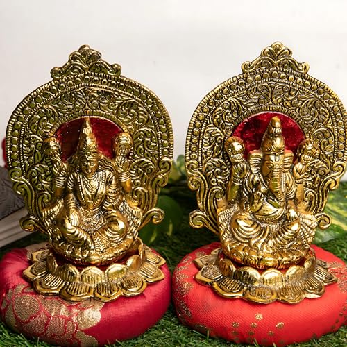 Estatua de Lakshmi y Ganesh en flor de loto decorativa miniatura 6