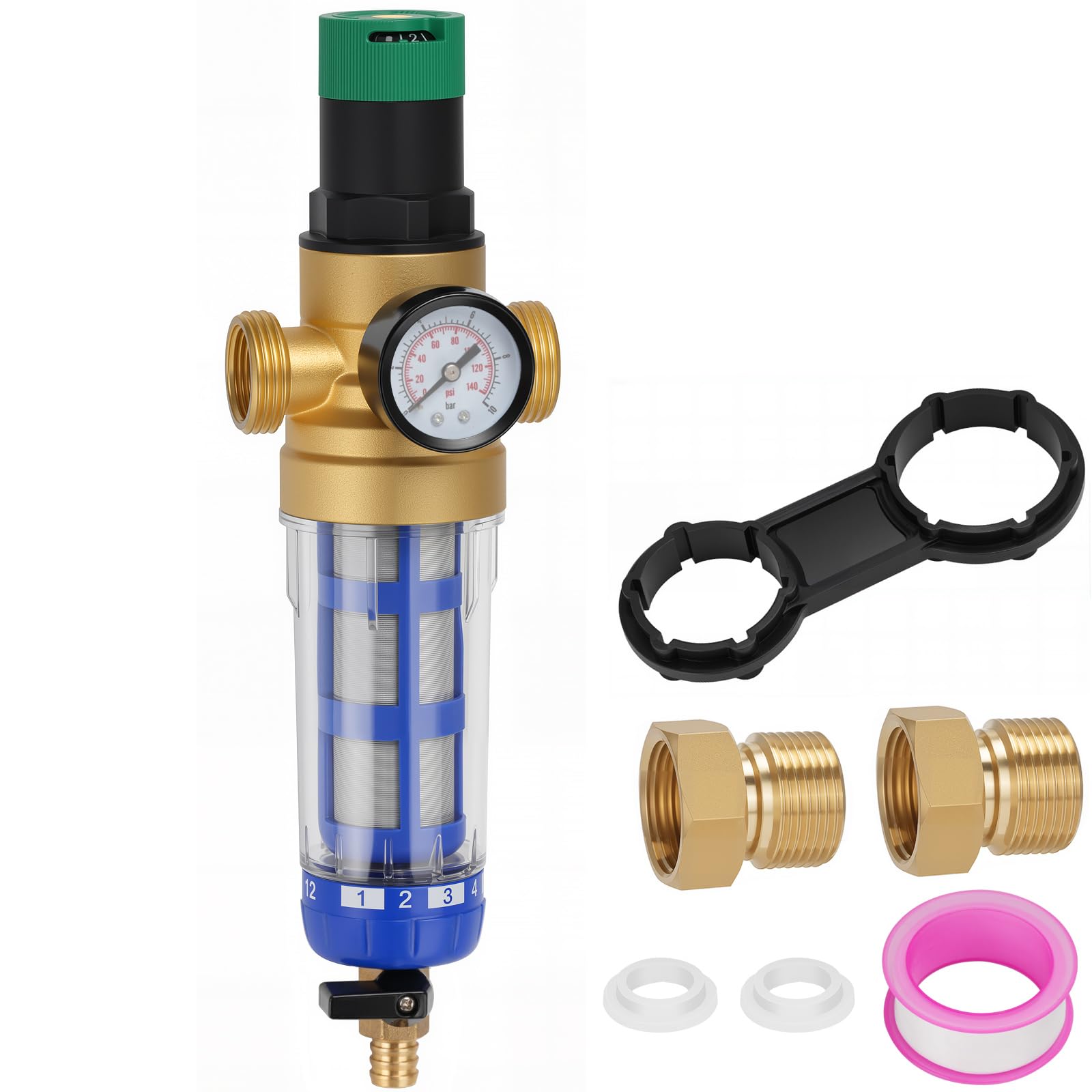 1 Zoll Druckminderer Wasser mit Manometer, Ausspülbarer Feinfilter Sedimentfilter