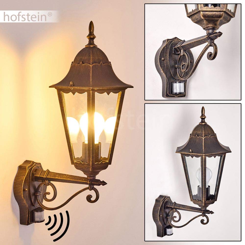 Zewnętrzna lampa ścienna Hong Kong z czujnikiem ruchu, lampa ścienna w górę, odlew aluminiowy w kolorze brązowym/złotym z przezroczystymi szybami, lampa ścienna na taras/podwórko, E27, bez żarówki