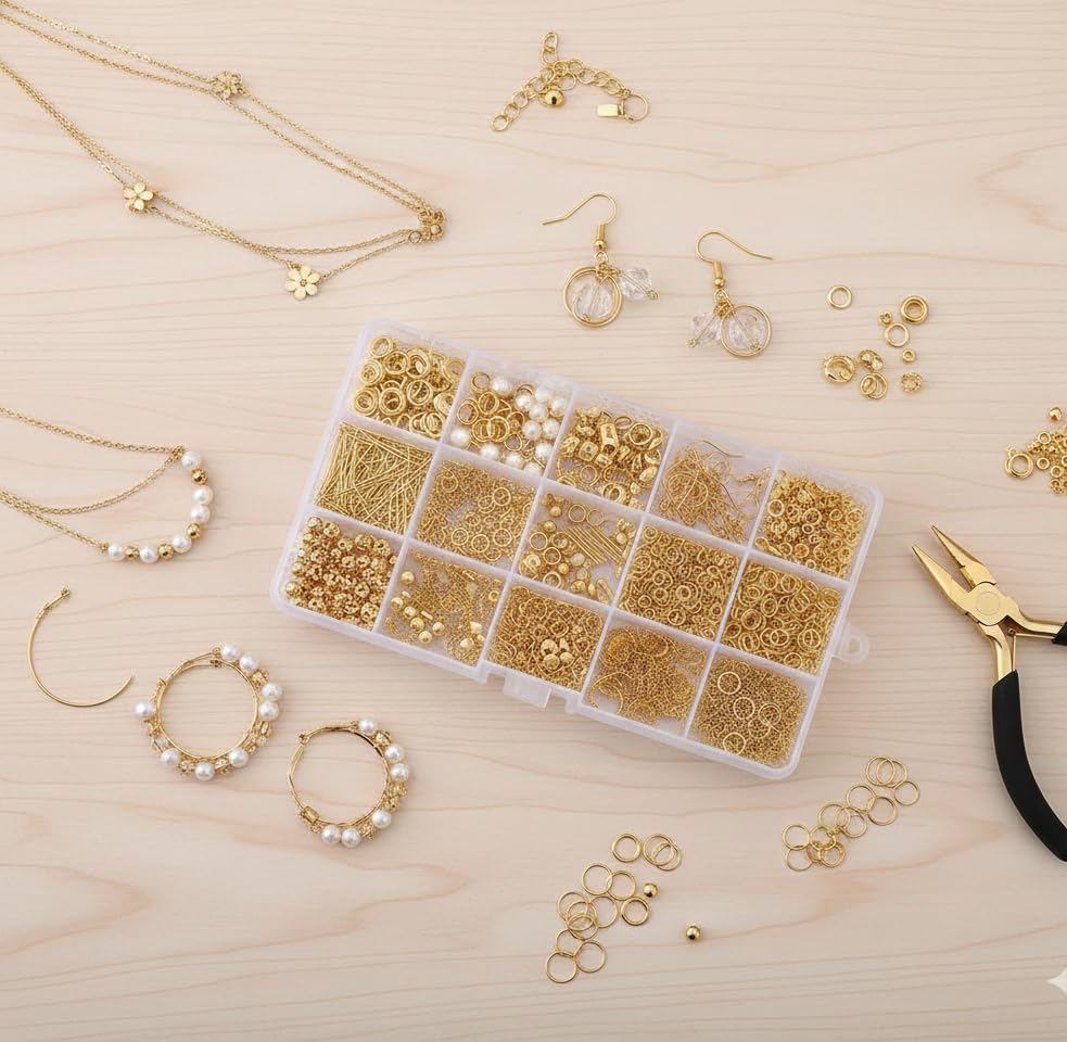 JAUNTY Golden Plated Jewellery Finding Material Mix Box, Eyepins, Headpins, Ear Hooks, Bead Caps, Jumprings, Clasps Chains and Cord End for Jewellery Making and Crafts Work 2