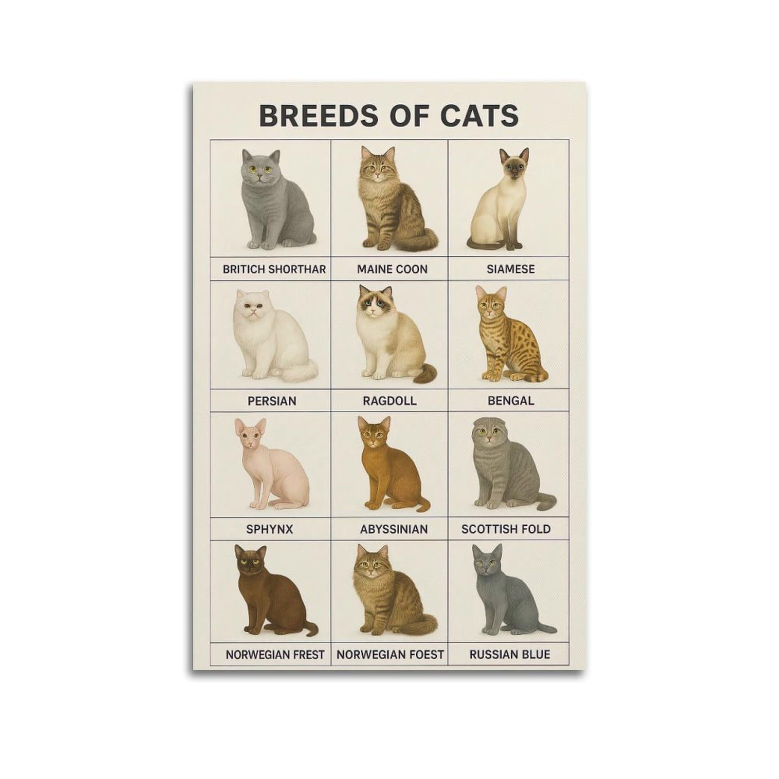 ESTE Vintage Animal Cat Poster Breeds of Cats Artwork Decorative Painting Canvas Modern Art Picture 24x36inch(60x90cm)