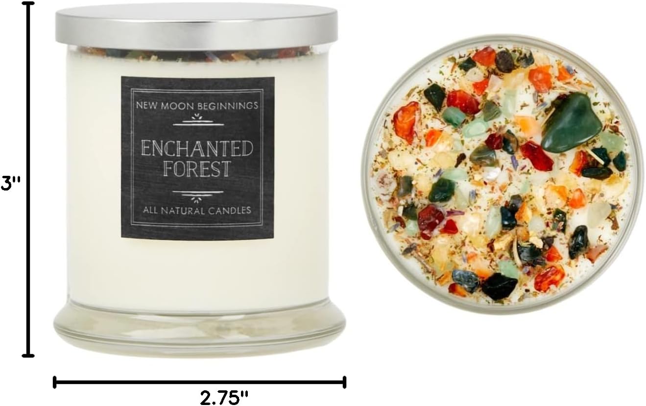 Enchanted Forest Candle by New Moon Beginnings - Whimsical Candle - All Natural Soy Candle - Herb, Dried Flower, & Crystal Candles - Romance and Love Candle - Wedding Candles - Red & Green Candle