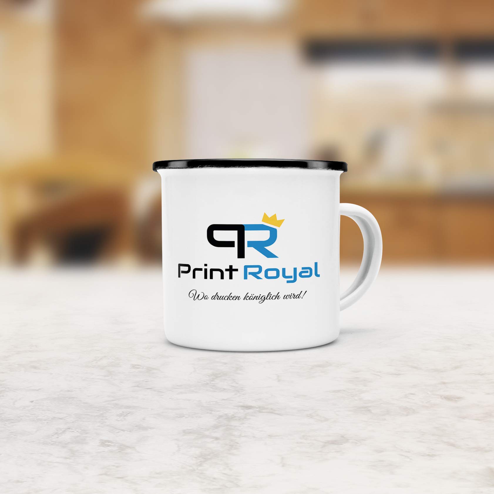 Metall-Tasse selbst gestalten/Personalisierbar mit eigenem Foto oder Text bedrucken/Fototasse/Motivtasse/Camping/Emaille - Schwarzer Rand