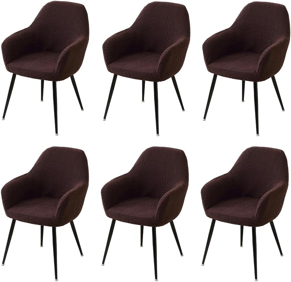 Curved Back Dining Chair Cover, Stretch Chairs Covers with Arms, Swivel Armchair Slipcovers, Office Desk Chair Protector, for Home Living Office Decor,Coffee,6PCS