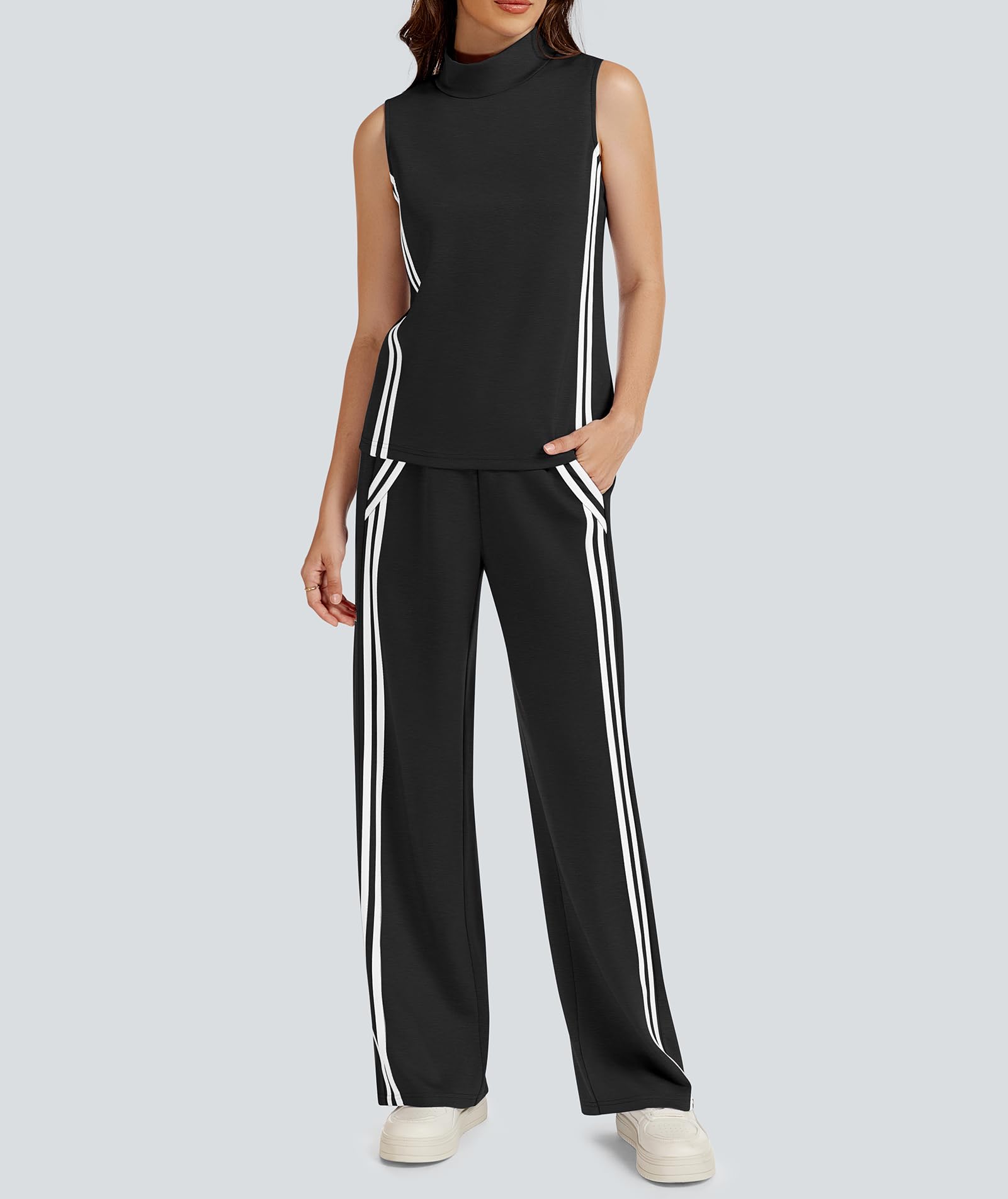 Casly Lamiit Conjunto de 2 piezas para mujer, conjunto de descanso a rayas, traje de viaje, sudadera con cuello alto falso, pantalones de pierna ancha, ropa deportiva casual