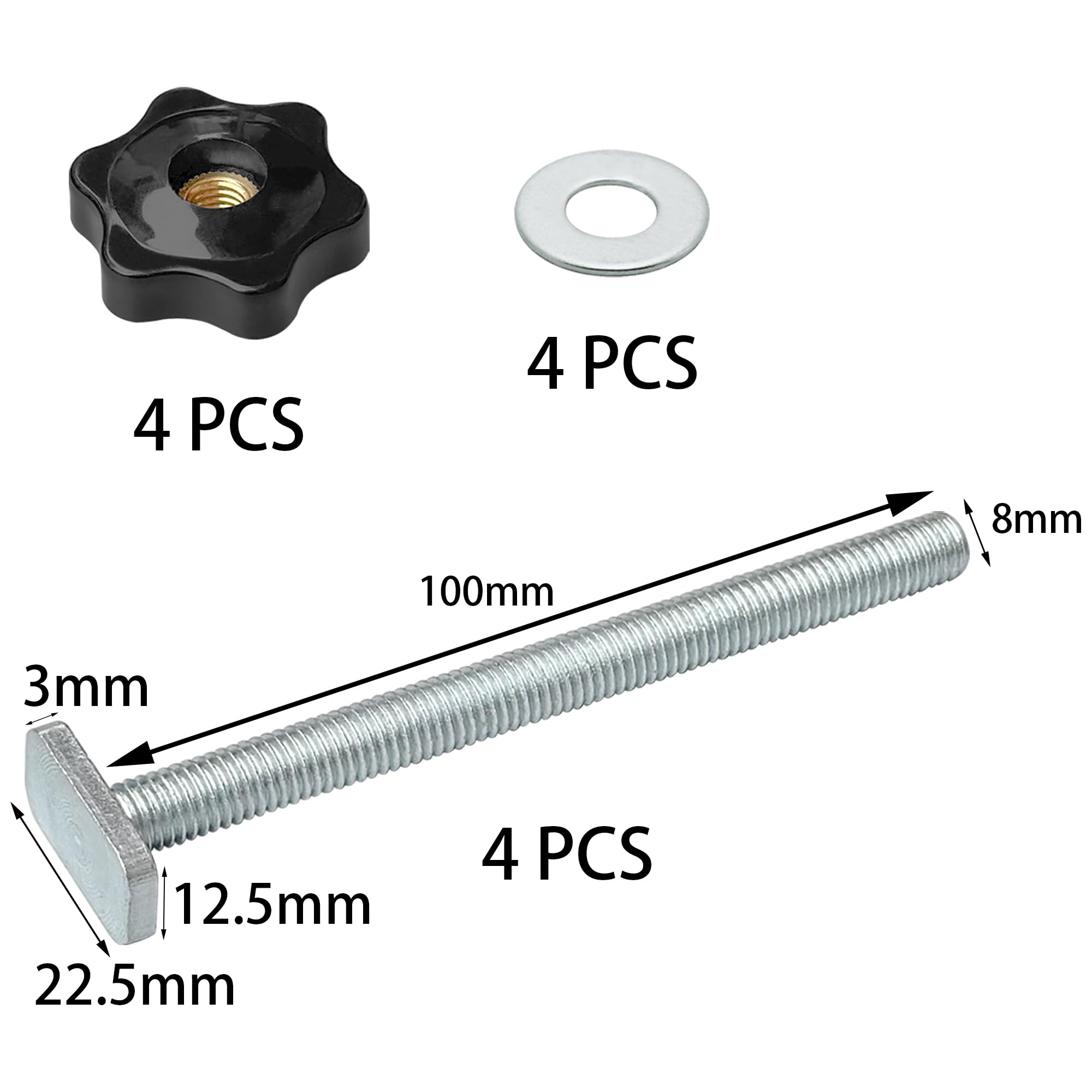 Kit de 4 piezas M8 T-Track, pernos en T con pomos y arandelas para ranuras de herramientas de carpintería y accesorios de fijación