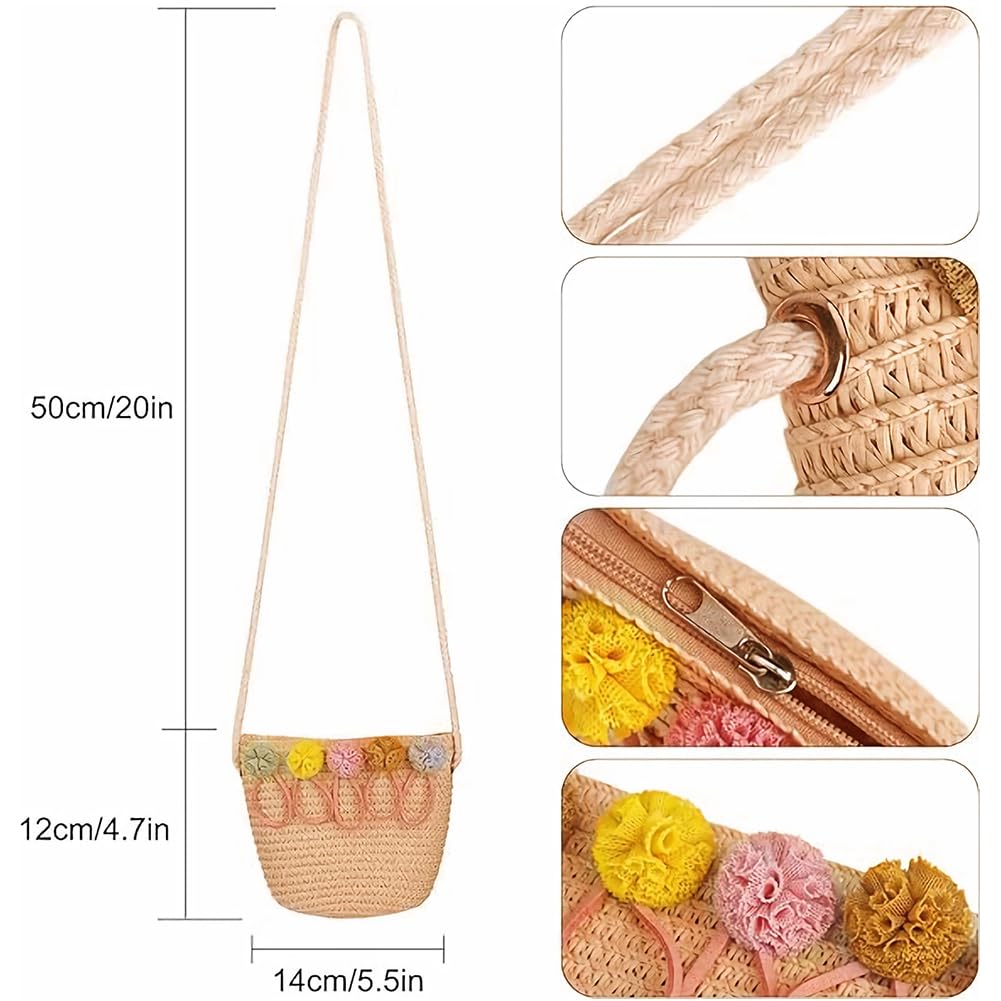 Cappello Da Spiaggia Estivo e Mini Di Borse Set,Cappello Da Sole In Paglia Bambino,Cappello Di Paglia Estivo Per Bambini a Tesa Larga Per I Bambini Turismo Vacanze Spiaggia Attività All'Aperto(Cachi)