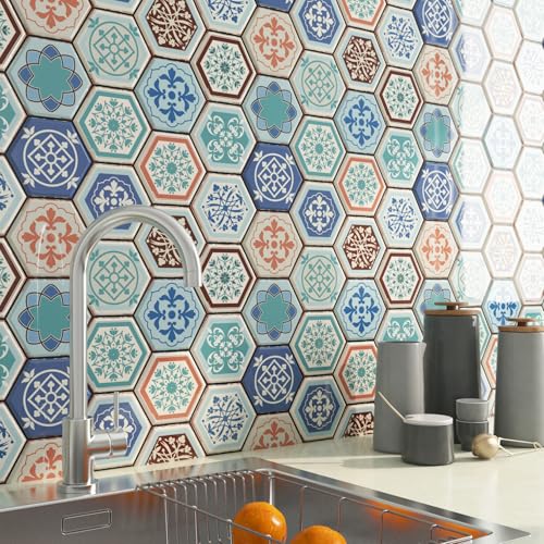 FunStick Boho Peel and Stick Backsplash for Kitchen Wall Waterproof 12'x12' Teal Blue Back Splash Stick on Tile Stickers for Kitchen Backsplash Tiles Peel and Stick Wall Tiles for Bathroom Shower 5pcs