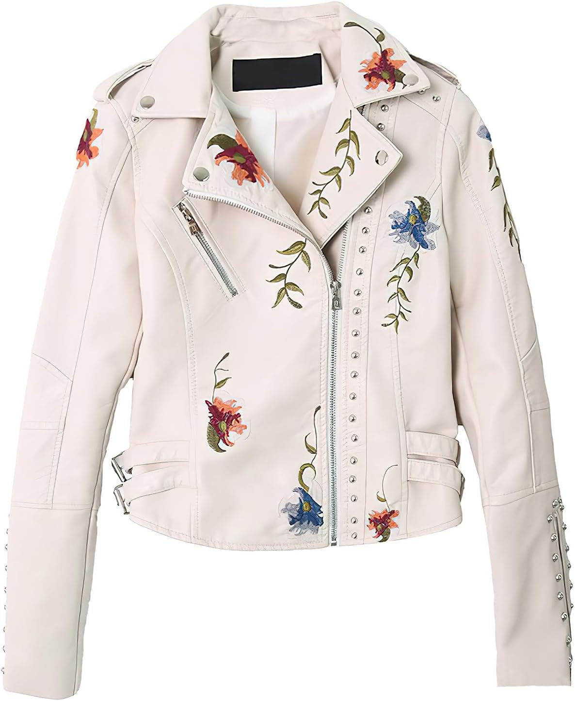 ebossy Women's Notched Collar Floral Embroidery Faux Leather Moto Biker Jacket