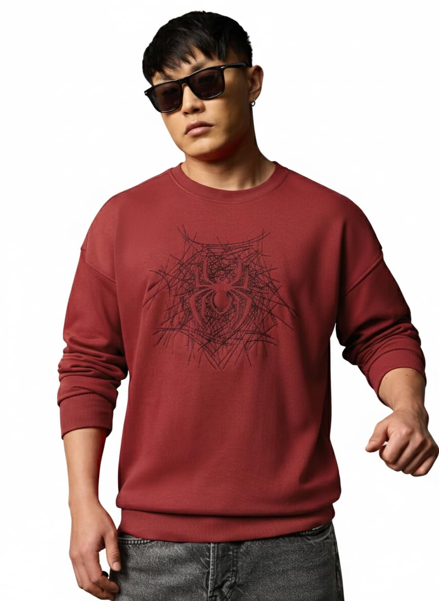 The Souled Store Spider-Man: Red Spider Men and Boys Long Sleeve Round Neck Red Embroidered Cotton Blend Oversized Fit Streetwear Casual Winter Sweatshirt-picture-23