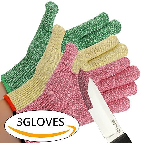 CHYDA 3 Pack Cut Resistant Gloves High Performance Level 5 Protection Food Grade Certified Kitchen and Work Safety Lightweight Breathable (Small, 3-Color)