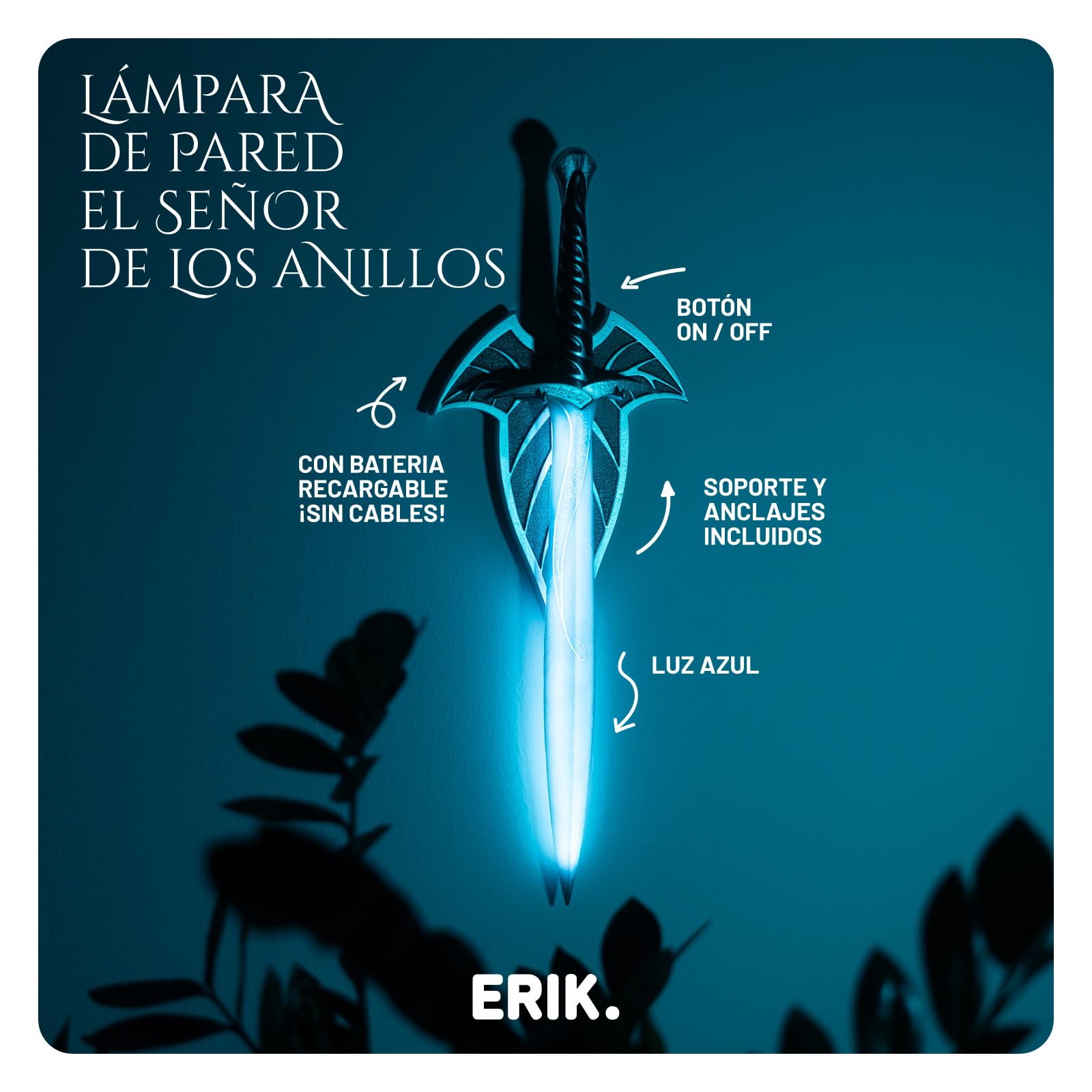 Lampara El Señor de los Anillos Daga Dardo - Lampara pared SIN Cable│ El Señor de los Anillos Regalos - Figura con LUZ ( Bateria Recargable) Lord of the rings Merchandising OFICIAL │ Incluye Anclajes