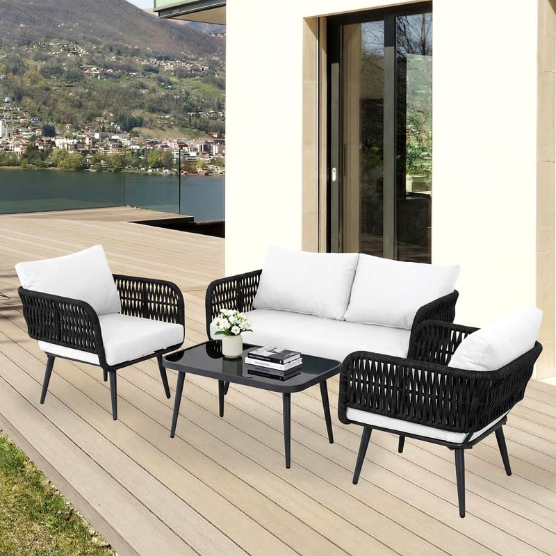 Image of BRISHI Outdoor Sofa Set || Balcony Sofa || Patio Furniture Sets | Conversation Sets | Braid & Rope Garden Seater Sofa Set and Center Table (4 Seater Black-White)