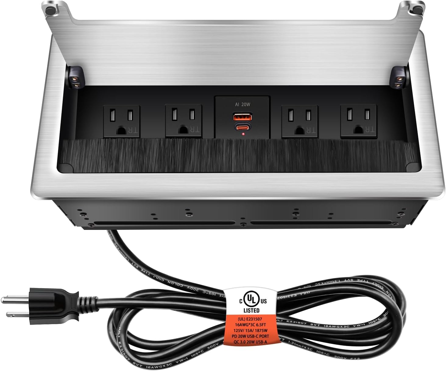 Embedded mesa Power Outlet Box;Conference Table Power Hub; 4 AC TR Outlets, USB-A USB-C PD 20W Fast Charging 6.5FT 16 AWG UL Cable for Office Home - Brushed Black