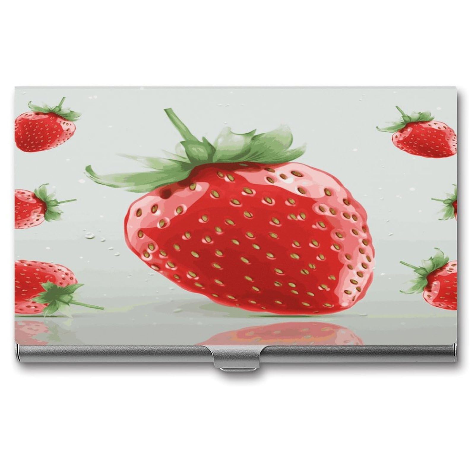 LDGSUPH Lovely Strawberry Business Card Holder Fashion Slim Name Card Holder Minimalist Design Case Metal Card Carrier Personalized Business Card Case with Flip for Men Women