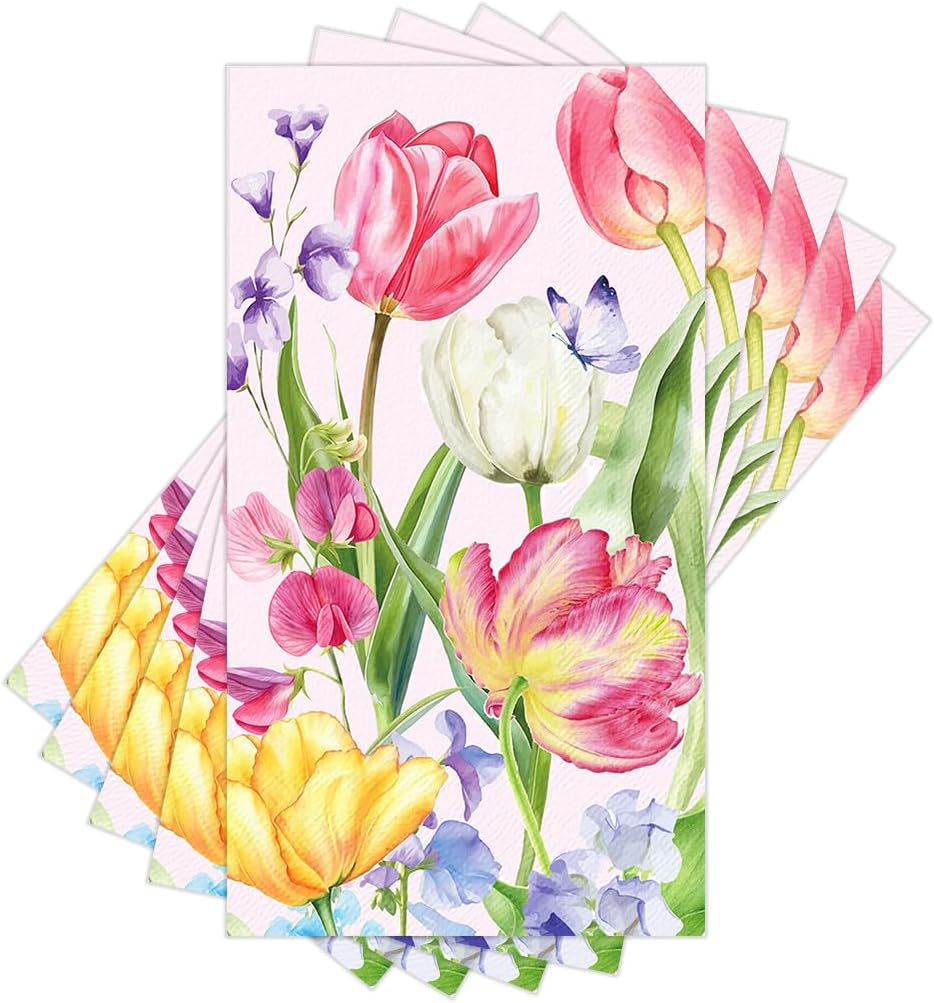 Summer Tulip Floral Butterfly Paper Napkins Disposable 60PCS