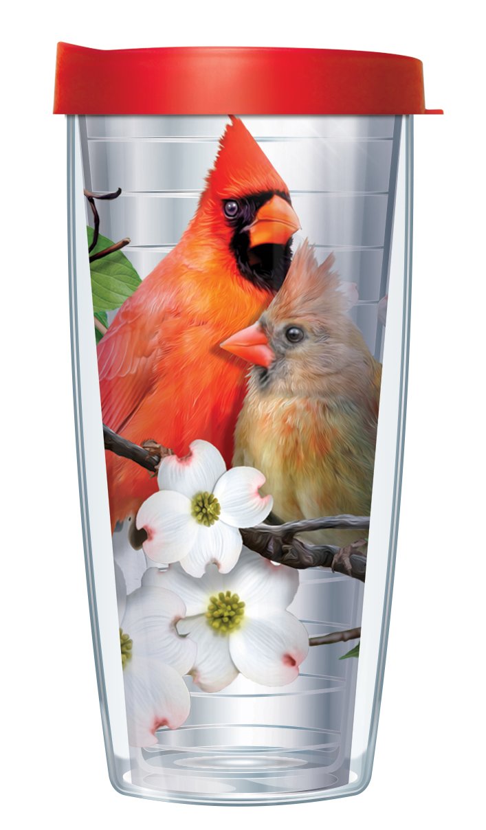 Signature TumblersCardinal Birds on Dogwood Branch Wrap on Clear 16 Ounce Double-Walled Travel Tumbler Mug with Cherry Red Easy Sip Lid